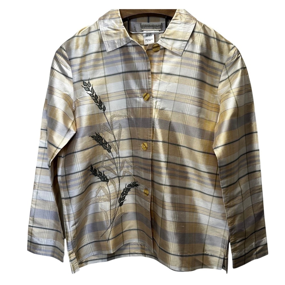 Coldwater Creek‎ 100% Silk Plaid Button Down Shirt Women's S Wheat Embroidery